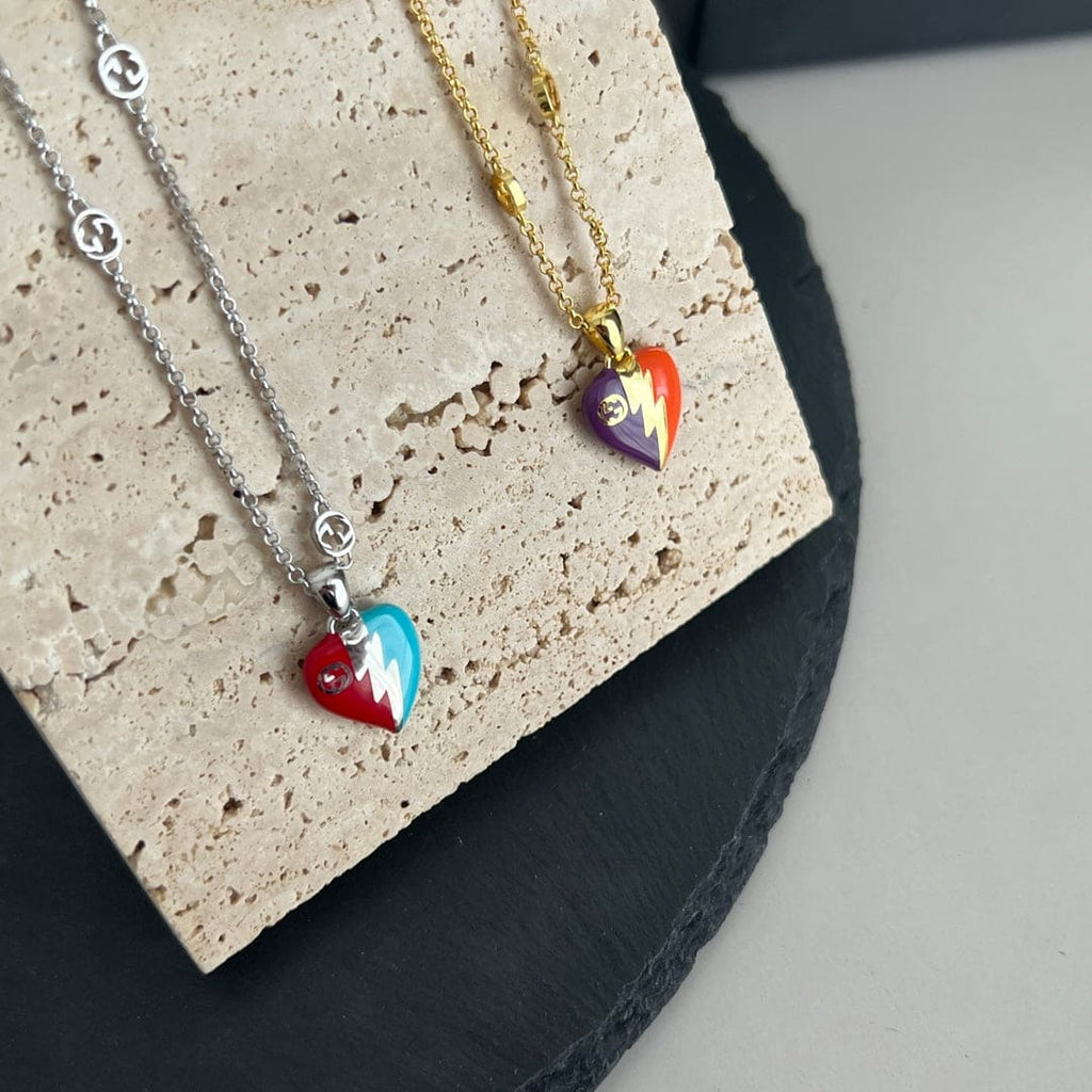 Double Gucci Interlocking Gucci Heart Lightning Charm Necklace